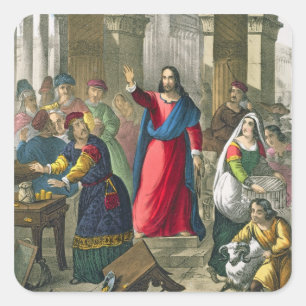 Christus ontruimt de tempel, van een bijbel bedruk vierkante sticker