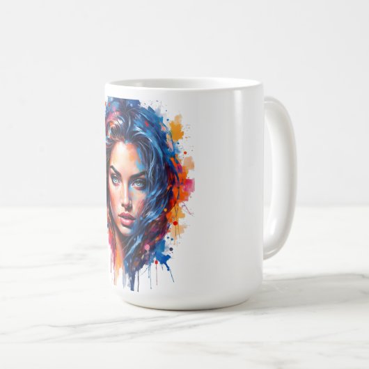 Chromatische muze – Neon Splash Portret Koffiemok (Voorkant rechts)