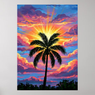 Chromatische palmboom zonsondergang poster