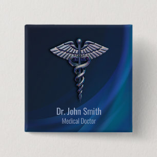 Chrome 3D Medical Dark Holographic Caduceus Vierkante Button 5,1 Cm