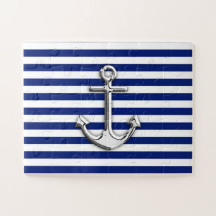 Chrome-achtige anker op het Navy Blue Stripes-deco Legpuzzel