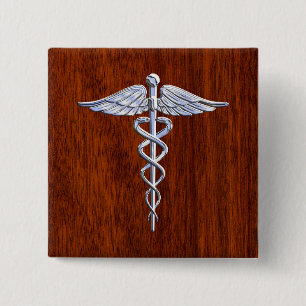 Chrome als Caduceus Medical Symbool Mahogany Decor Vierkante Button 5,1 Cm