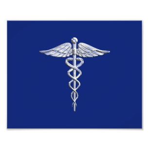 Chrome als Caduceus medisch symbool Navy Blue Deco Foto Afdruk