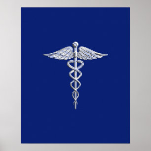 Chrome als Caduceus medisch symbool Navy Blue Deco Poster
