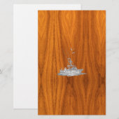 Chrome als Vissende boot op teak Wood Briefpapier (Voorkant / Achterkant)