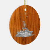 Chrome als Vissende boot op teak Wood Keramisch Ornament (Rechts)