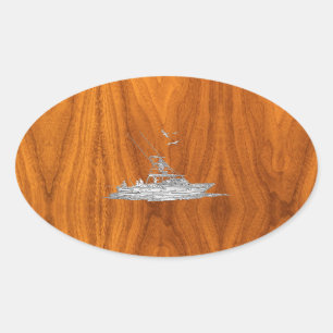 Chrome als Vissende boot op teak Wood Ovale Sticker