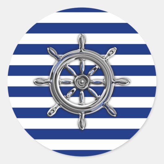 Chrome als wiel op Nautical Stripes Ronde Sticker (Voorkant)