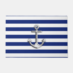 Chrome Anchor op Nautical Navy Blue Stripes Print Deurmat