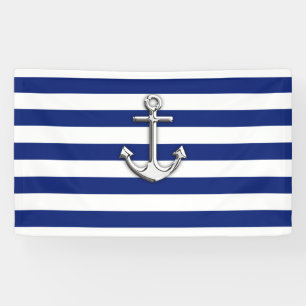 Chrome Anchor op Nautical Navy Blue Stripes Print Spandoek