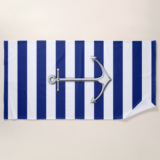 Chrome Anchor op Nautical Navy Blue Stripes Print Strandlaken (Voorkant)