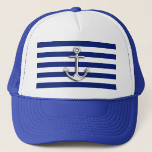 Chrome Anchor op Nautical Navy Blue Stripes Print Trucker Pet