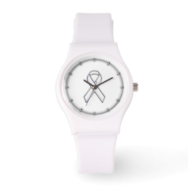 Chrome Belemmerde stijl Wit Ribbon Bewustheid Horloge (Voorkant)