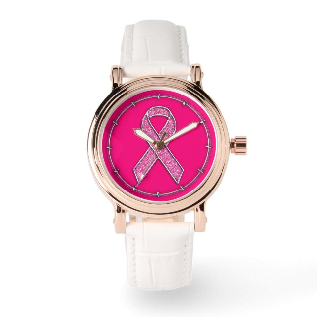 Chrome Beloofde glitterstijl Roze lintbewustzijn Horloge (Voorkant)