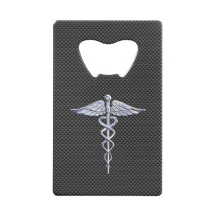 Chrome Caduceus Medical Symbol Zwarte Koolstofveze Kredietkaart Flessenopener