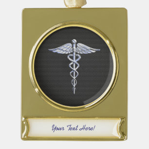 Chrome Caduceus Medical Symbol Zwarte Koolstofveze Verguld Banner Ornament