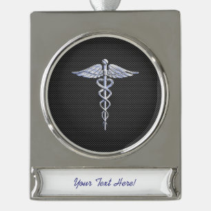 Chrome Caduceus Medical Symbol Zwarte Koolstofveze Verzilverd Banner Ornament