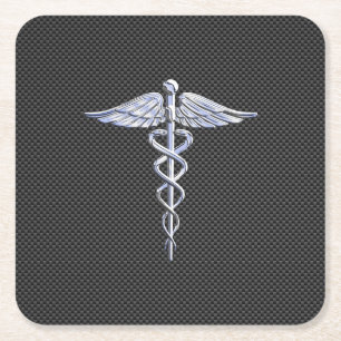 Chrome Caduceus Medical Symbol Zwarte Koolstofveze Vierkante Kartonnen Onderzetter