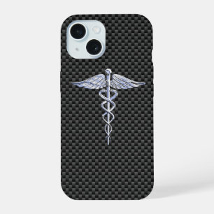 Chrome Caduceus Medical Symbool Carbon Fiber Decor iPhone 15 Hoesje