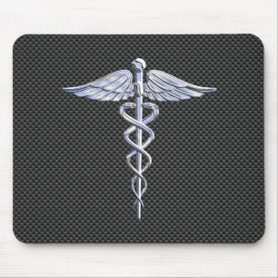 Chrome Caduceus Medical Symbool Carbon Fiber Decor Muismat