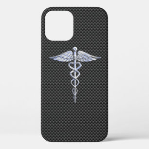 Chrome Caduceus Medical Symbool Carbon Fiber Print iPhone 12 Pro Hoesje