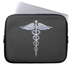Chrome Caduceus Medical Symbool Carbon Fiber Print Laptop Sleeve