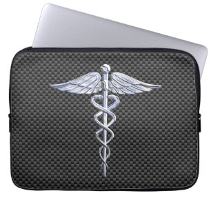Chrome Caduceus Medical Symbool Carbon Fiber Print Laptop Sleeve