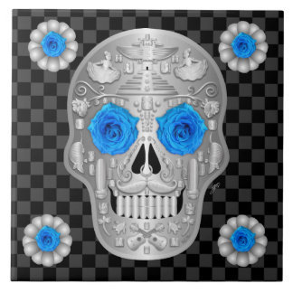 Chrome Calavera (Blue Rose) Drank Onderschot Tegeltje