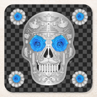 Chrome Calavera (Blue Rose) Drank Onderschot Vierkante Kartonnen Onderzetter