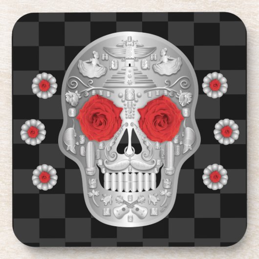 Chrome Calavera (Red Rose) Beverage Coaster Bier Onderzetter (Voorkant)
