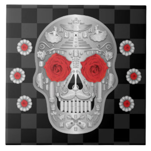 Chrome Calavera (Red Rose) keramische Tegel Tegeltje