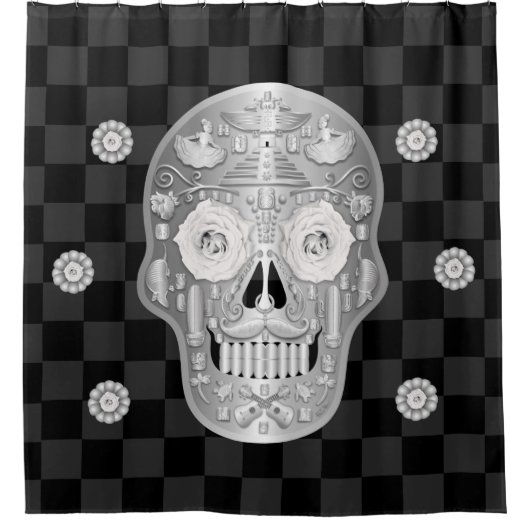Chrome Calavera (Rose blanche) Douche rideau (Devant)