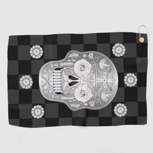 Chrome Calavera (Rose blanche) serviette de golf (Horizontal)