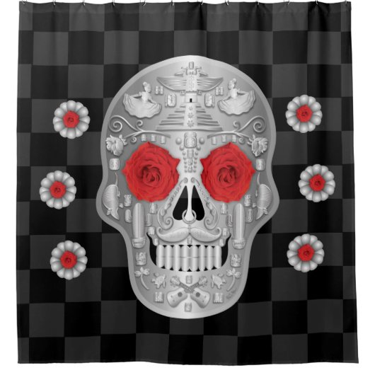 Chrome Calavera (Rose rouge) Douche rideau (Devant)