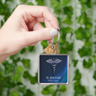 Chrome Dark Holographic 3D Medical Caduceus Sleutelhanger