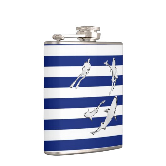 Chrome Diver n Sharks op Navy Stripes Heupfles (Rechts)