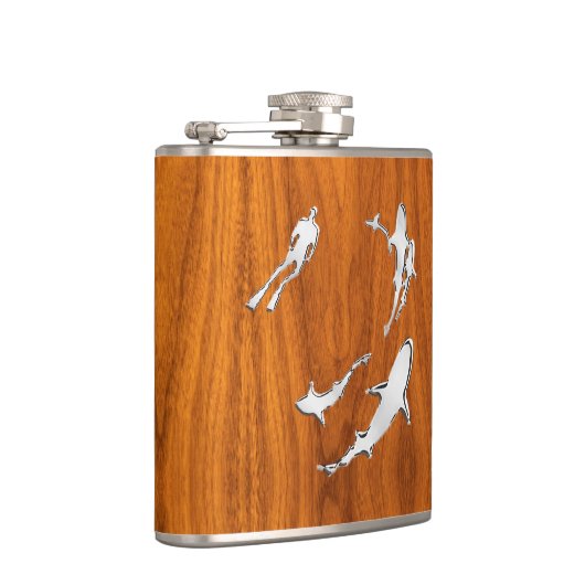 Chrome Diver n Sharks op Teak Print Heupfles (Rechts)