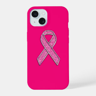 Chrome en Glitter Style Pink Ribbon Awareness iPhone 15 Hoesje