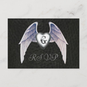 Chrome & Faux Leather Winged Heart RSVP Uitnodigin