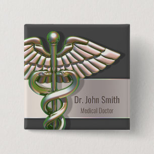 Chrome Holographic 3D Medical Caduceus Vierkante Button 5,1 Cm