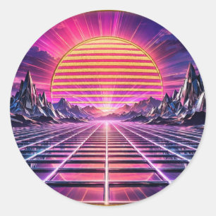 Chrome Horizon — Retro Synthwave Zonsondergang Ronde Sticker