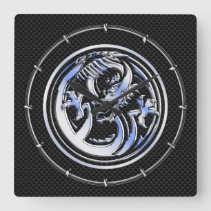 Chrome in Dragon badge on Carbon Fiber Print Vierkante Klok