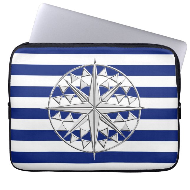Chrome kompas op Nautical Stripes Laptop Sleeve (Voorkant)