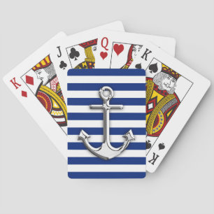 Chrome like Anchor Design on Navy Stripes Pokerkaarten