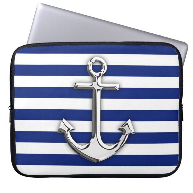 Chrome like Anchor Graphic on Navy Stripes Laptop Sleeve (Voorkant)