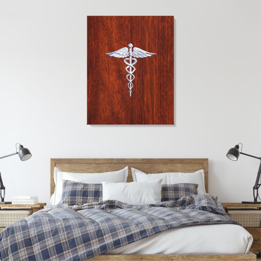 Chrome like Caduceus Medical Symbol Mahogany Brown Canvas Afdruk (Insitu (Slaapkamer))