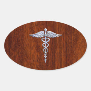Chrome like Caduceus Medical Symbol Mahogany Brown Ovale Sticker