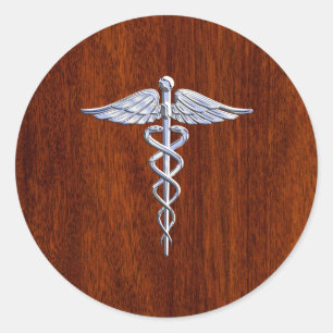 Chrome like Caduceus Medical Symbol Mahogany Brown Ronde Sticker