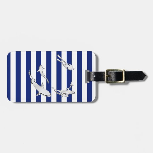 Chrome Like Diver and Sharks on Nautical Stripes Bagagelabel (Voorkant horizontaal)
