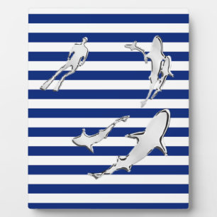 Chrome Like Diver and Sharks on Nautical Stripes Fotoplaat